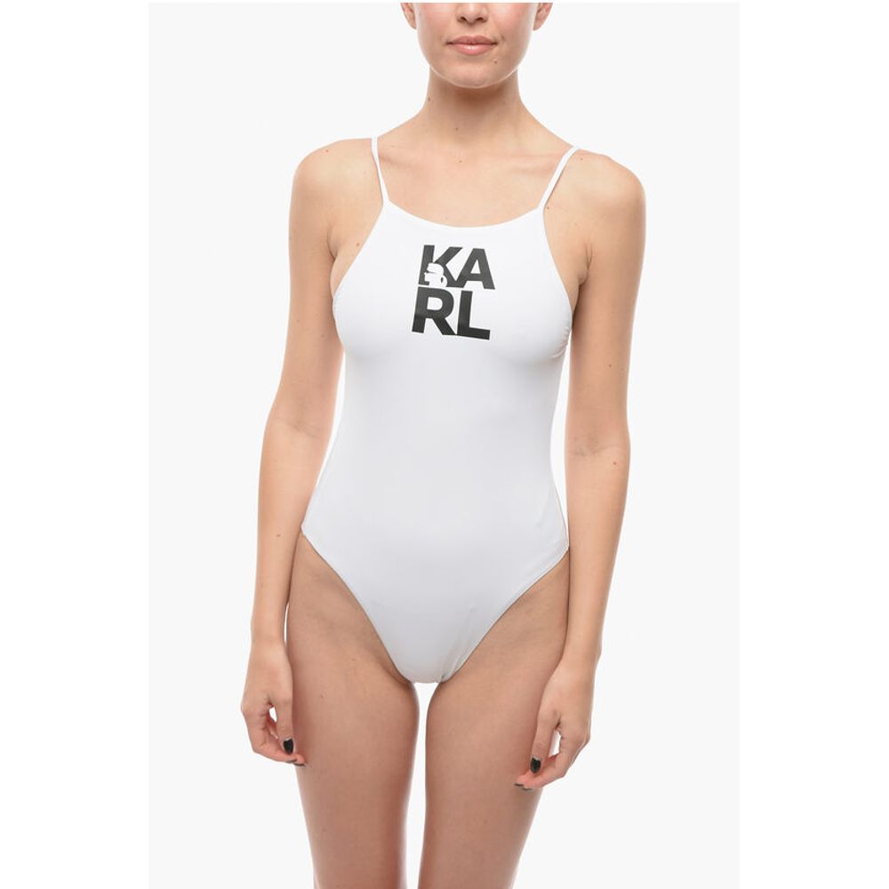 Solid Color One-Piece Swimsuit with Printed Logo