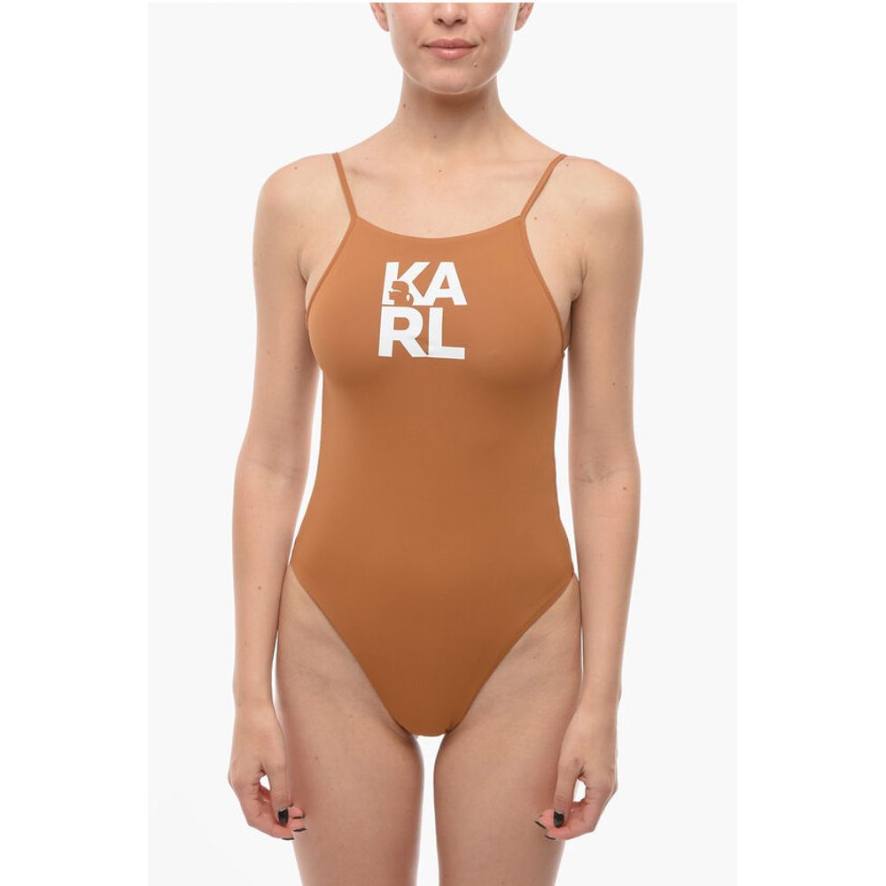 Solid Color One-Piece Swimsuit with Printed Logo