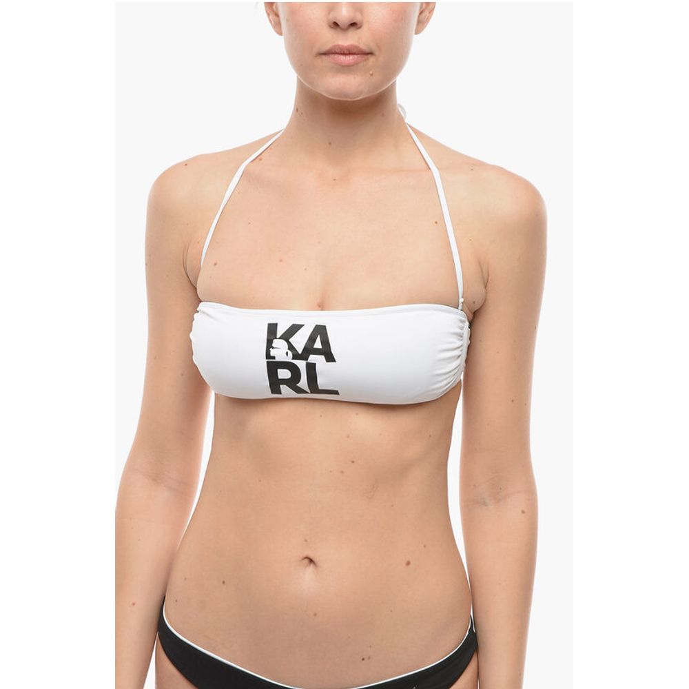 Solid Color Bandeau Bikini Top with Printed Contrasting Logo