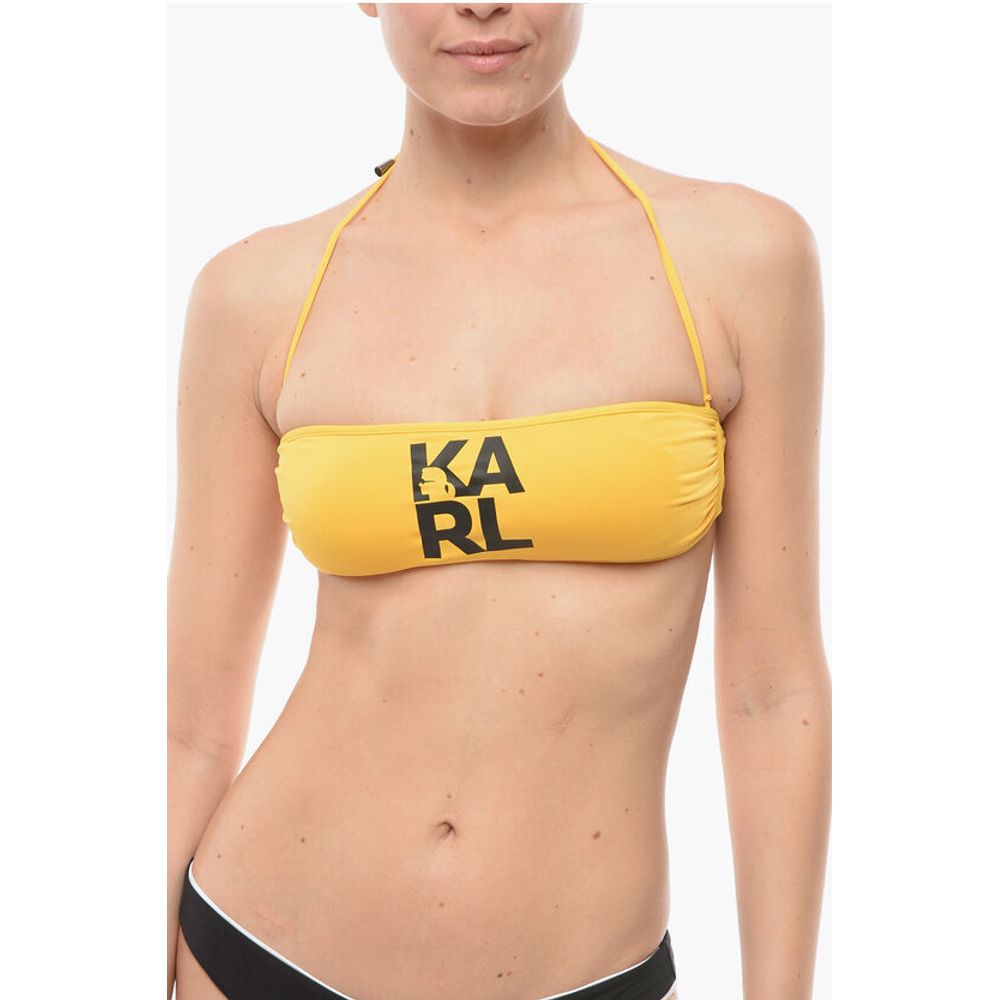 Solid Color Bandeau Bikini Top with Printed Contrasting Logo