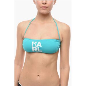 Solid Color Bandeau Bikini Top with Printed Contrasting Logo