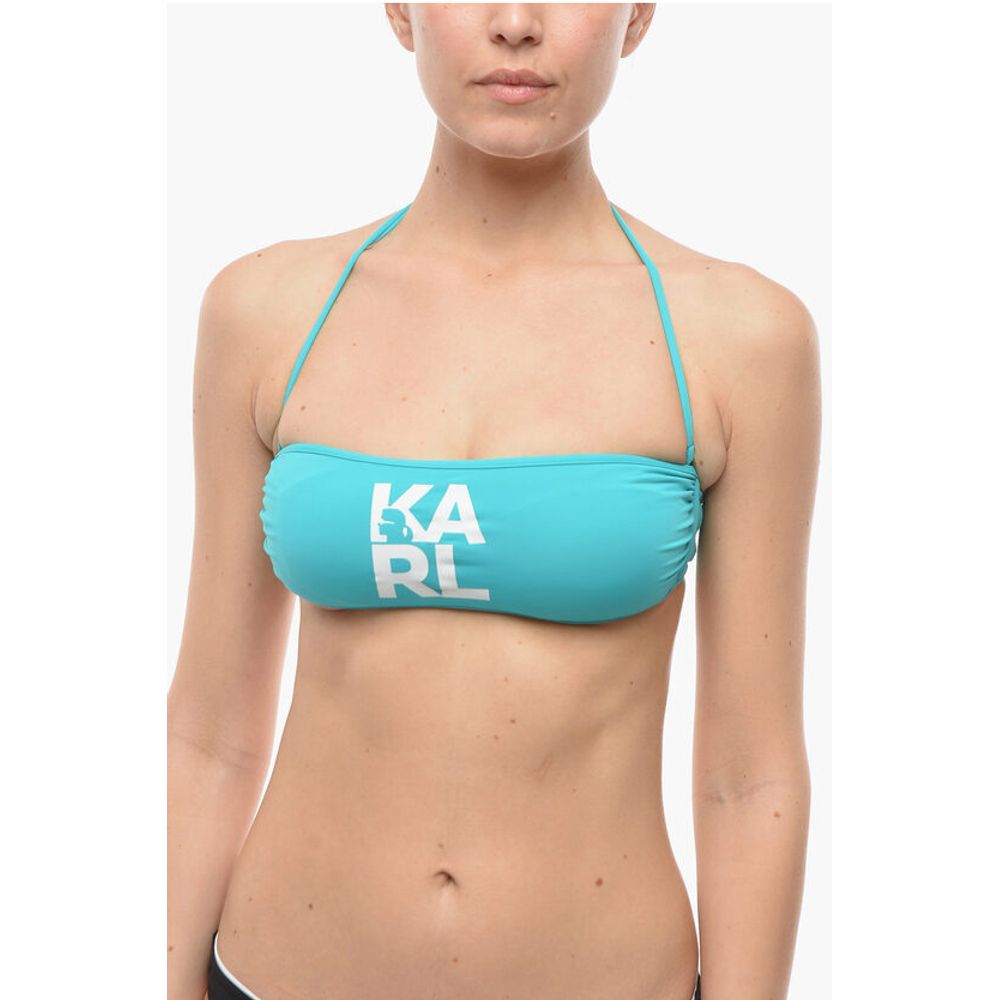 Solid Color Bandeau Bikini Top with Printed Contrasting Logo