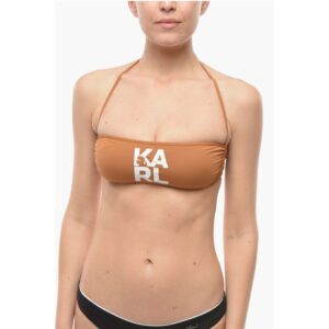 Solid Color Bandeau Bikini Top with Printed Contrasting Logo
