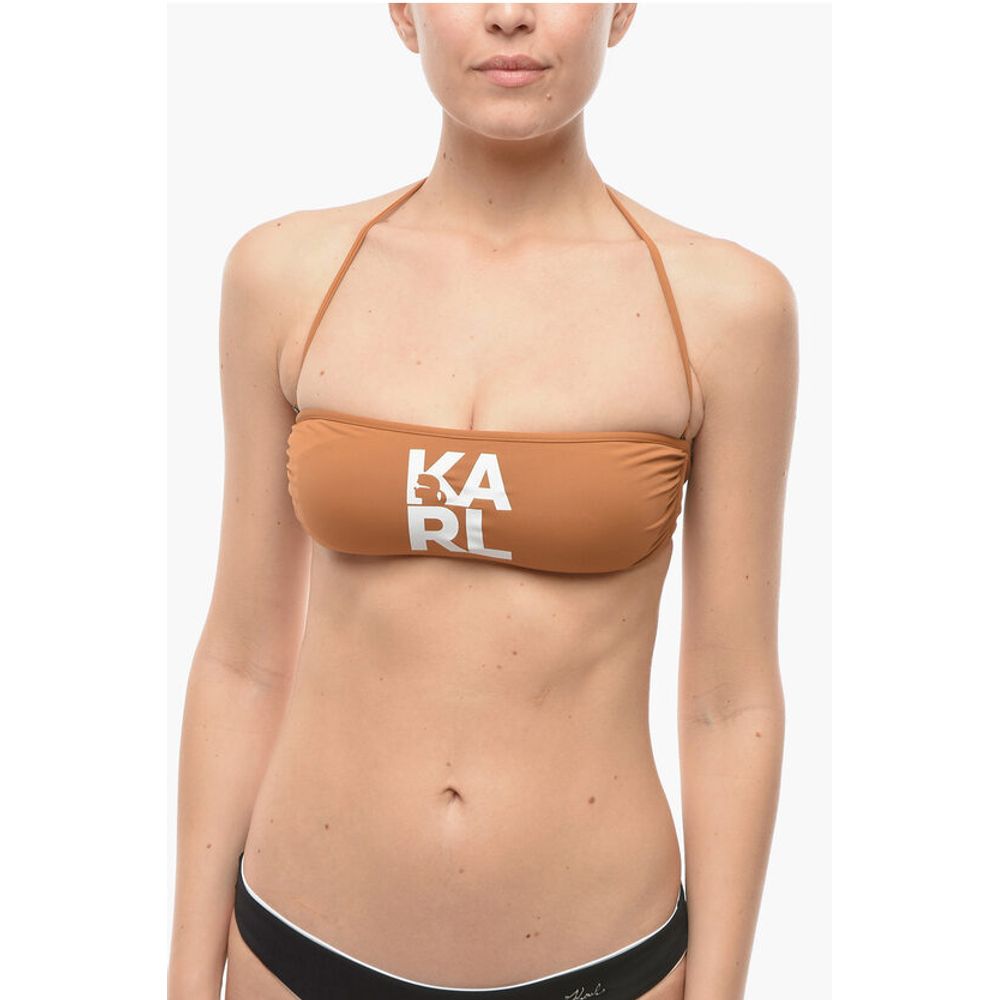 Solid Color Bandeau Bikini Top with Printed Contrasting Logo