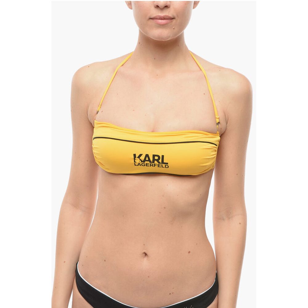 Solid Color Bandeau Bikini Top with Printed Contrasting Logo