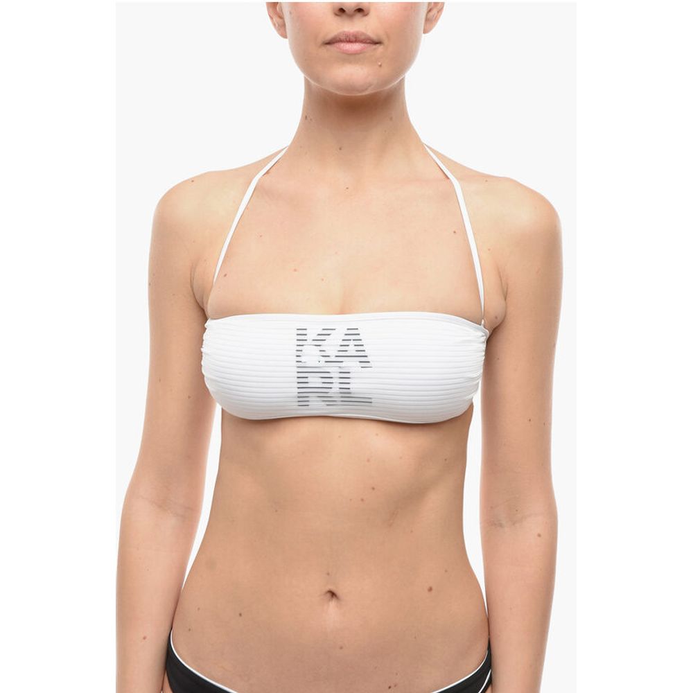 Solid Color Bandeau Bikini Top with Printed Contrasting Logo