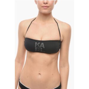 Solid Color Bandeau Bikini Top with Tone On Tone Striped Det