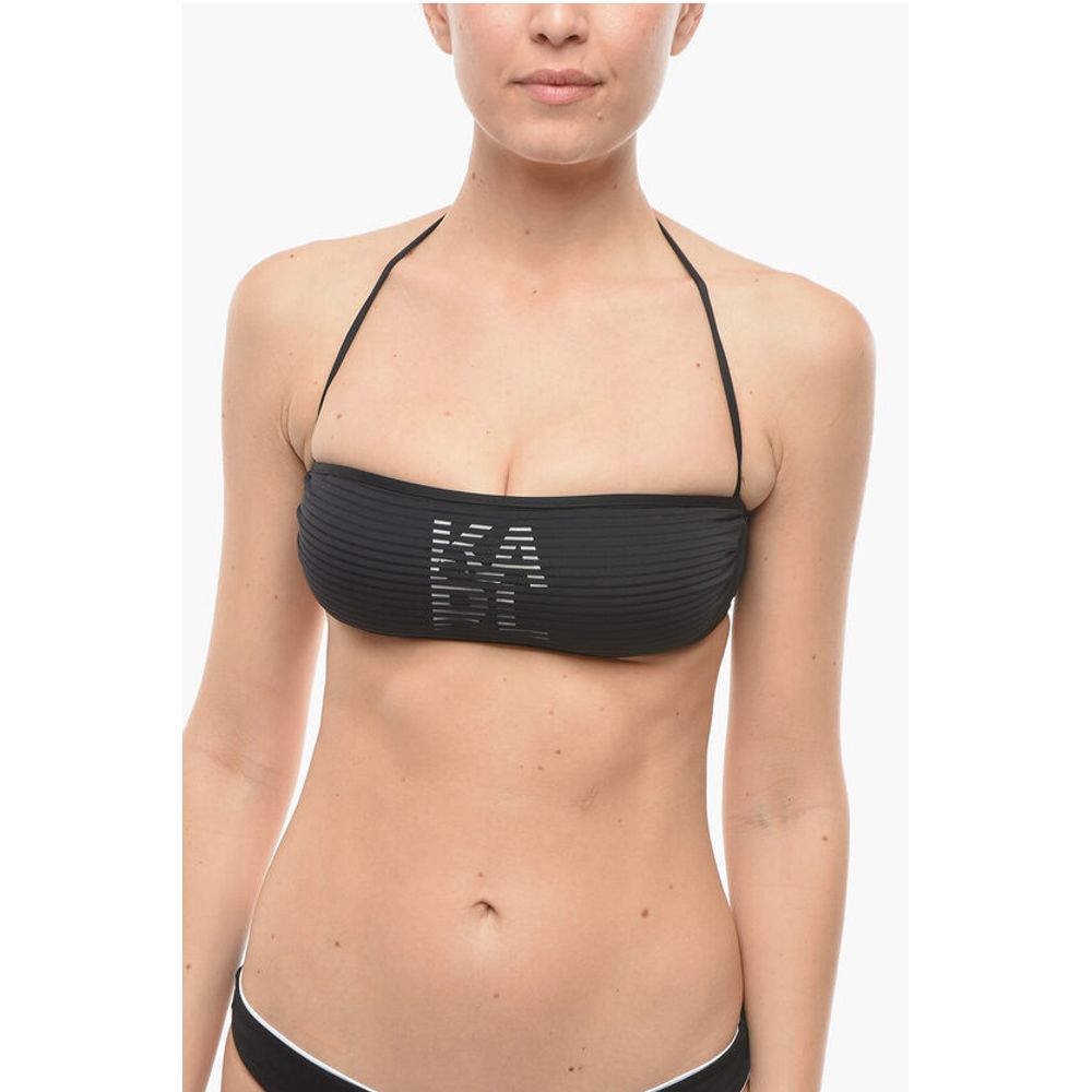 Solid Color Bandeau Bikini Top with Tone On Tone Striped Det