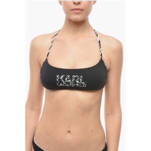 Solid Color Halter Bikini Top with Animal Patterned Details