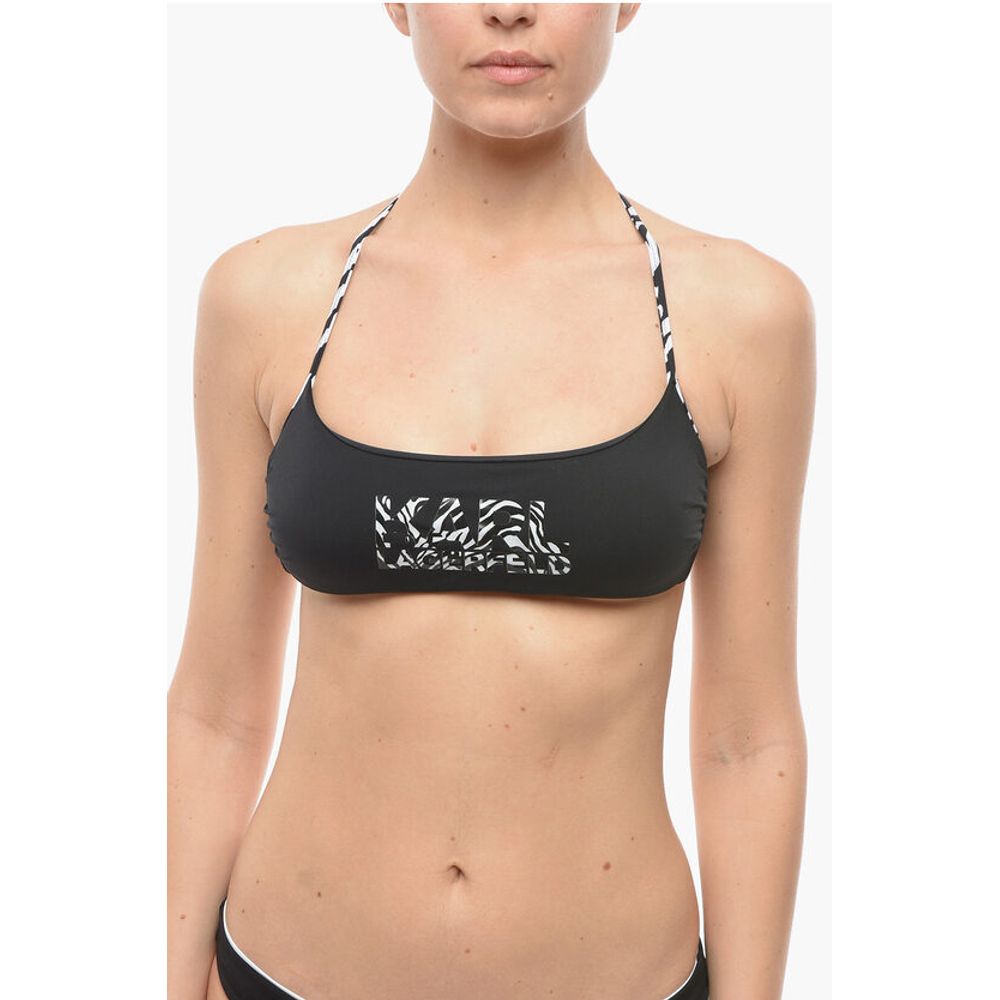 Solid Color Halter Bikini Top with Animal Patterned Details