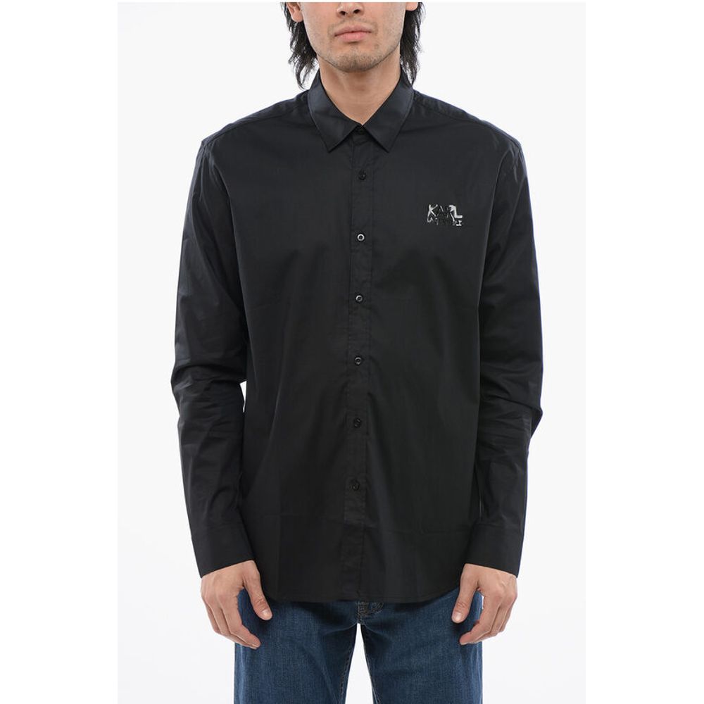 Stretch Cotton Shirt with Tone on Tone Logo