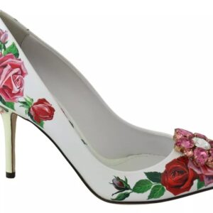 White Leather Roses Crystal Pumps Shoes