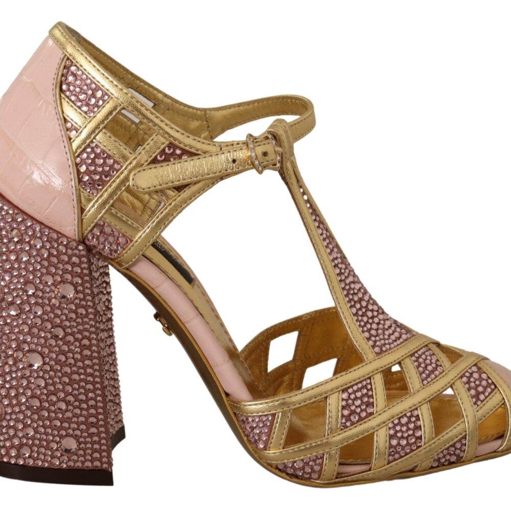 Silk-Infused Leather Crystal Pumps in Pink Gold