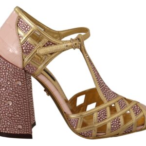 Silk-Infused Leather Crystal Pumps in Pink Gold