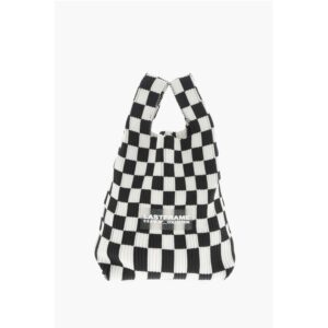 Knitted Checked Mini Tote Bag with Faux Leather Shoulder Str