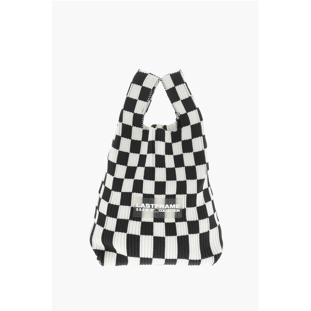 Knitted Checked Mini Tote Bag with Faux Leather Shoulder Str