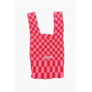 Checked Knitted Tote Bag with Faux Leather Shoulder Strap