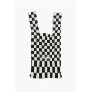 Checked Knitted Tote Bag with Faux Leather Shoulder Strap
