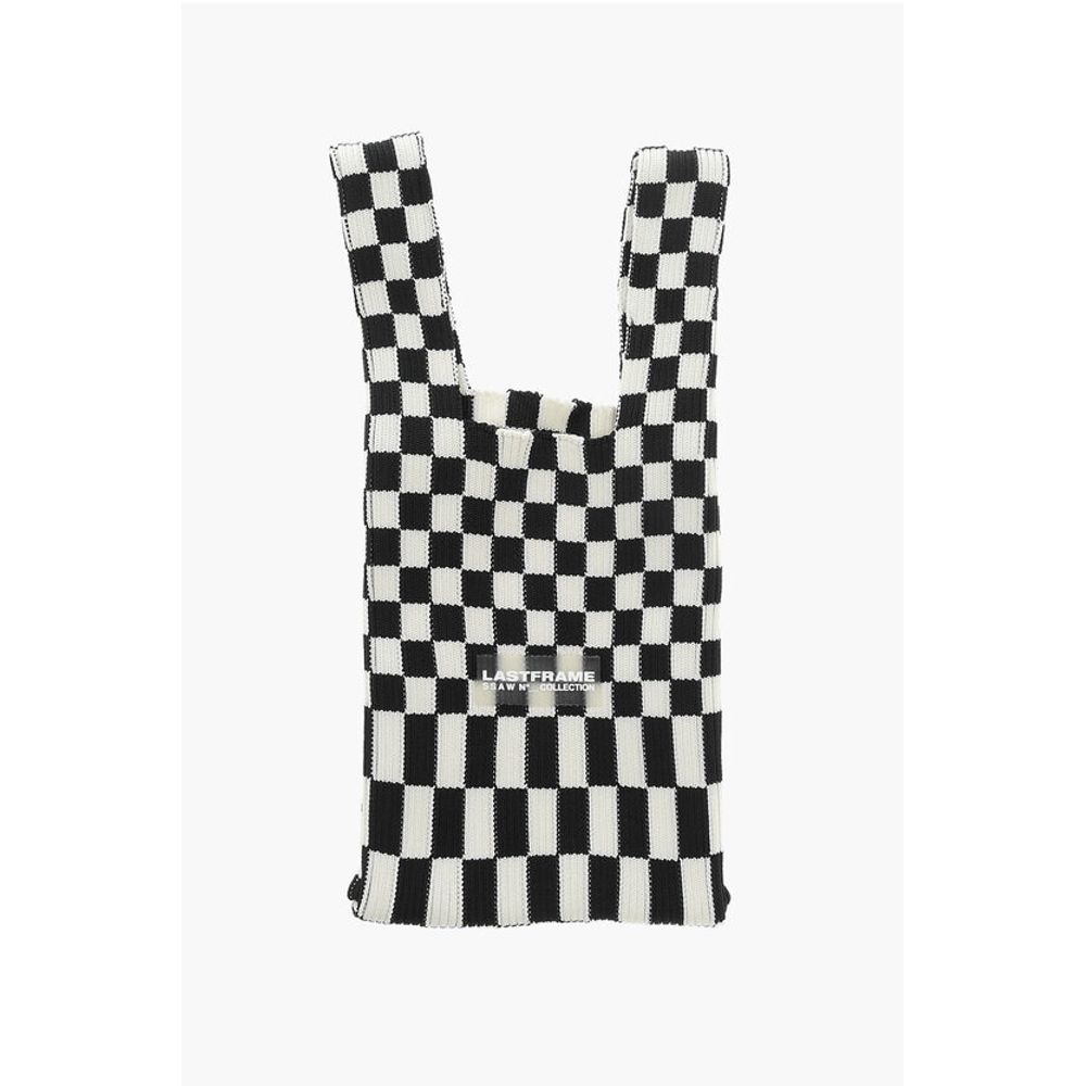 Checked Knitted Tote Bag with Faux Leather Shoulder Strap