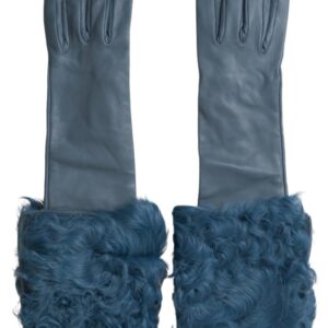 Elegant Blue Leather Gloves with Fur Trim
