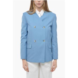 Double-breasted Lapel-less Flax Blend Blazer