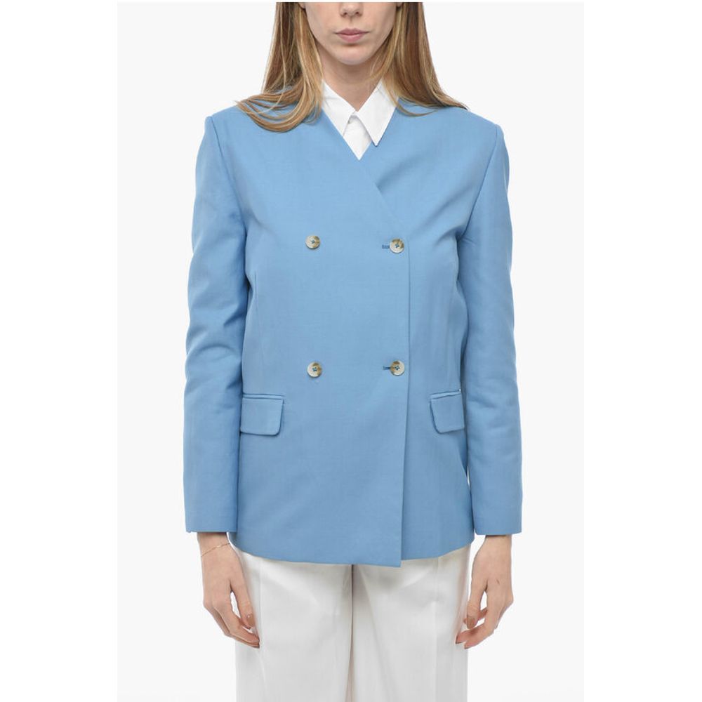 Double-breasted Lapel-less Flax Blend Blazer