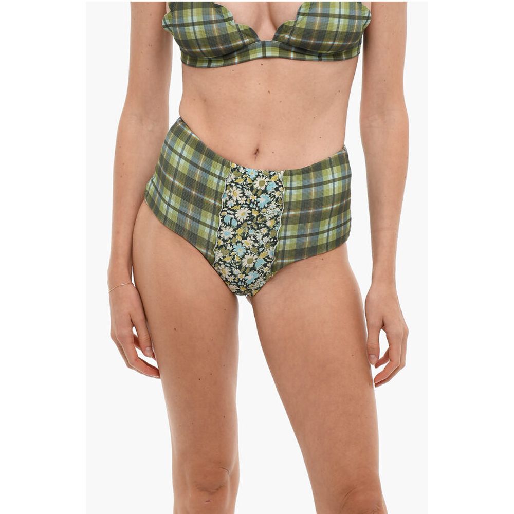 High Waist Checked Bikini Bottom with Floral Details