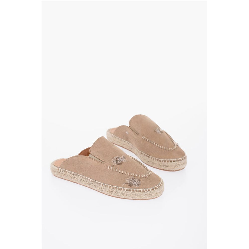 Leather Slides With Stitching Detail And Espadrillas Soles