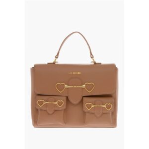 LOVE Faux Leather Handle Bag with Pockets and Clamp Front