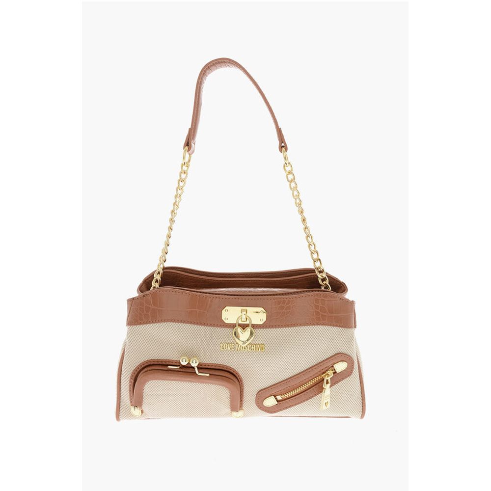 LOVE Braided Fabric Handle Bag with Crocodile Effect Faux Le