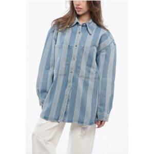 Awning Striped Denim BEAUX Overshirt with Logo Buttons