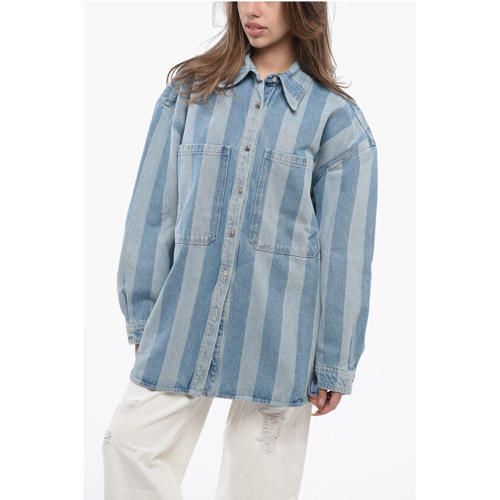 Awning Striped Denim BEAUX Overshirt with Logo Buttons