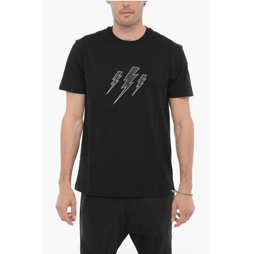 Slim Fit Crew-neck T-Shirt with Thunderbolts Print
