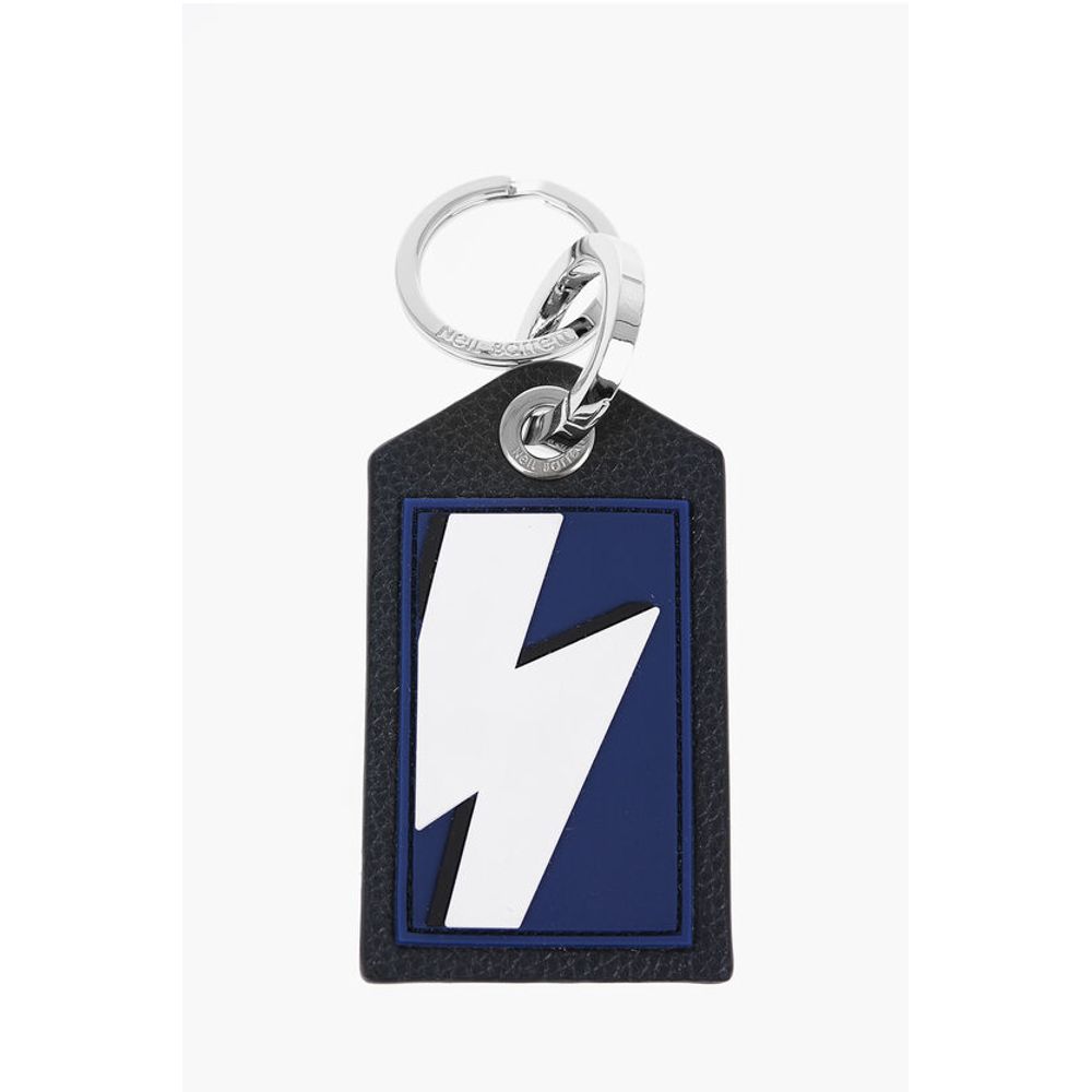 Keyring with Textured Leather Pendant and Thunderbolt Detail
