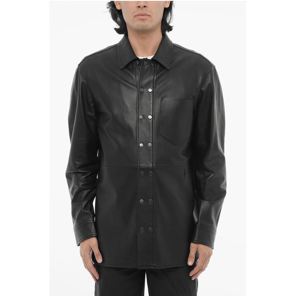 Leather and Cotton Overshirt with Front Buttoning