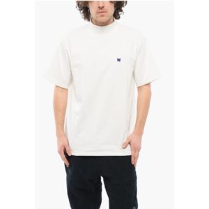 Solid Color Mock-Neck T-Shirt with Butterfly Embroidery