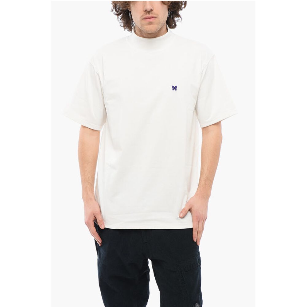 Solid Color Mock-Neck T-Shirt with Butterfly Embroidery