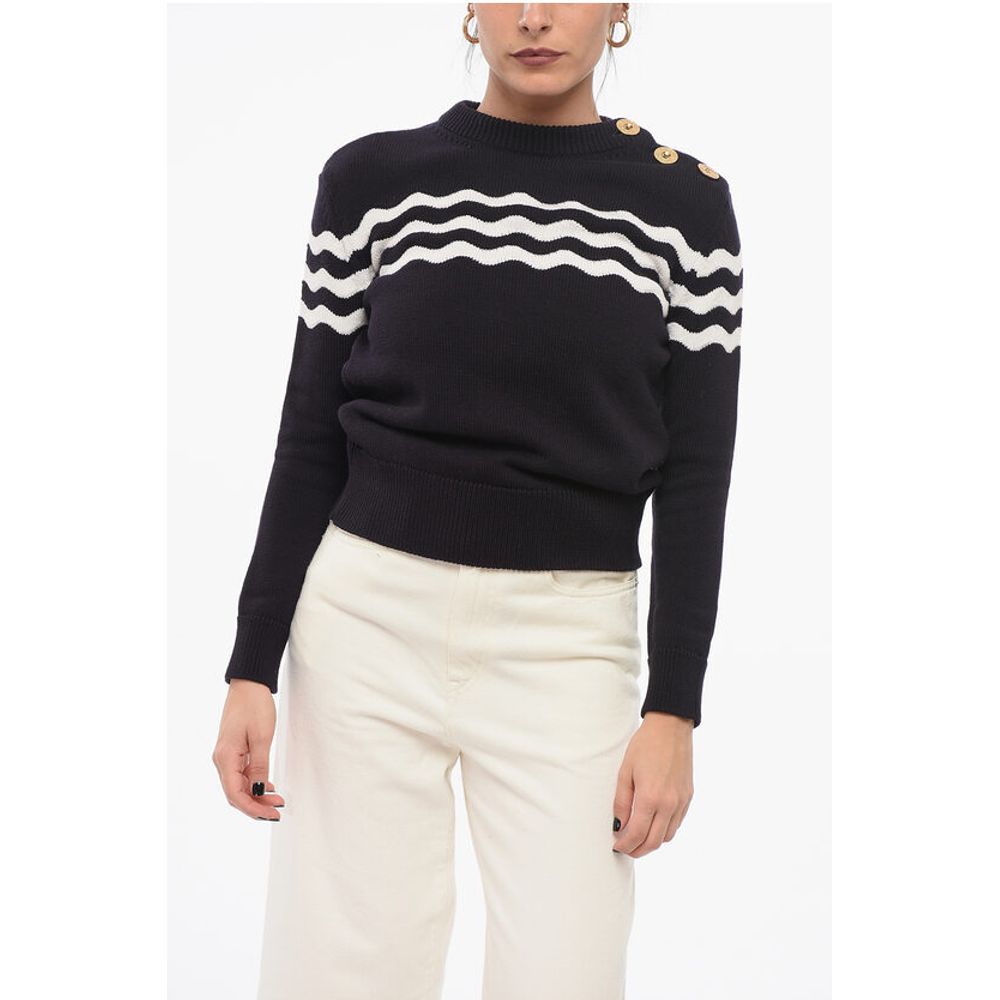 Crew Neck Wave Motif Cotton Blend Sweater