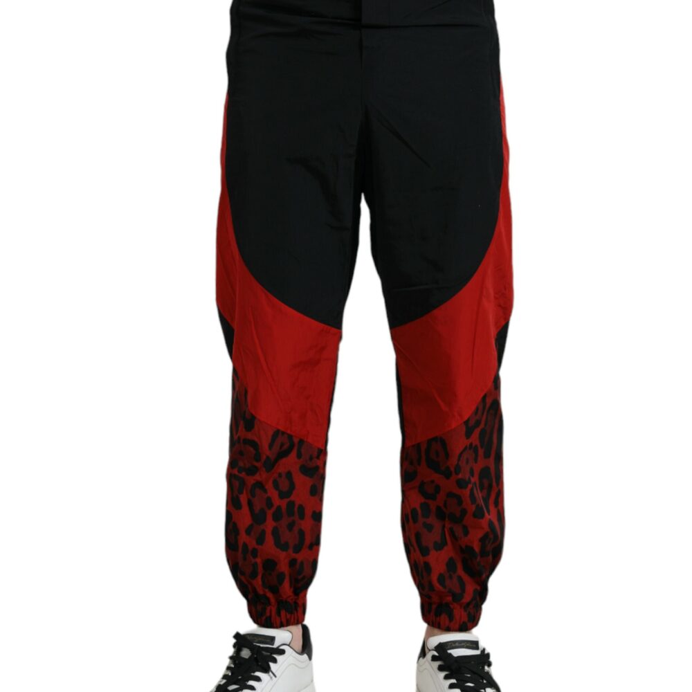 Black Red Leopard Print Nylon Jogger Pants