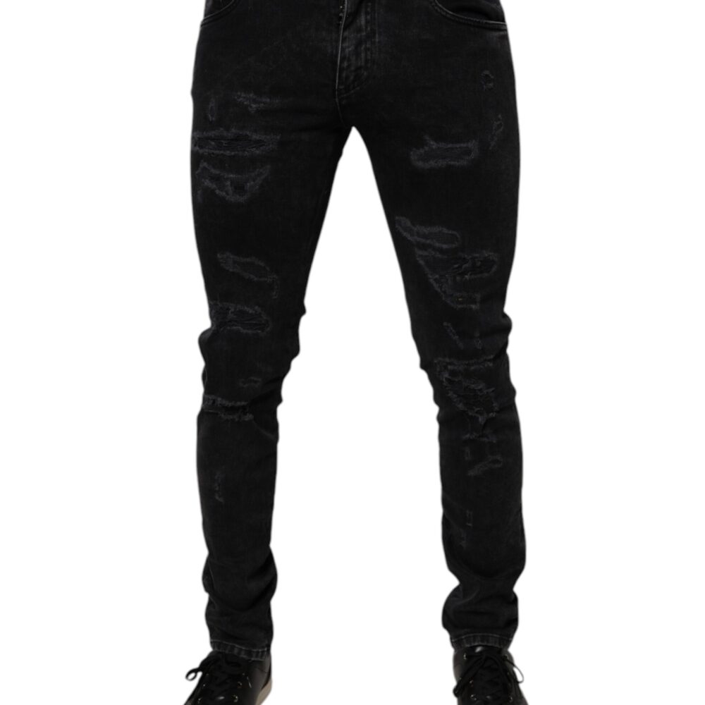 Black Tattered Cotton Skinny Men Denim Jeans