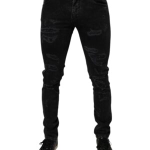 Black Tattered Cotton Skinny Men Denim Jeans