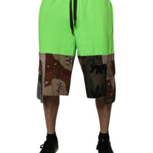 Green Patchwork Cargo Bermuda Shorts