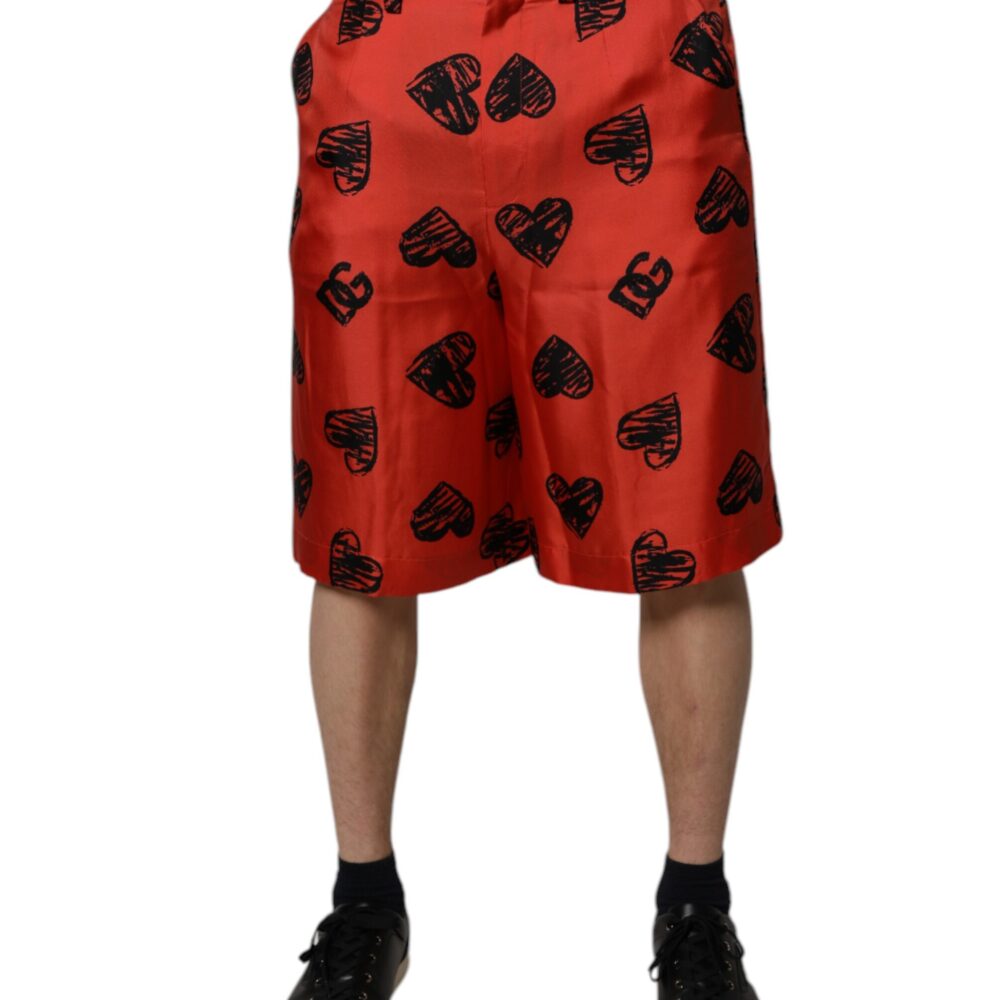 Orange Silk Heart Print Bermuda Shorts