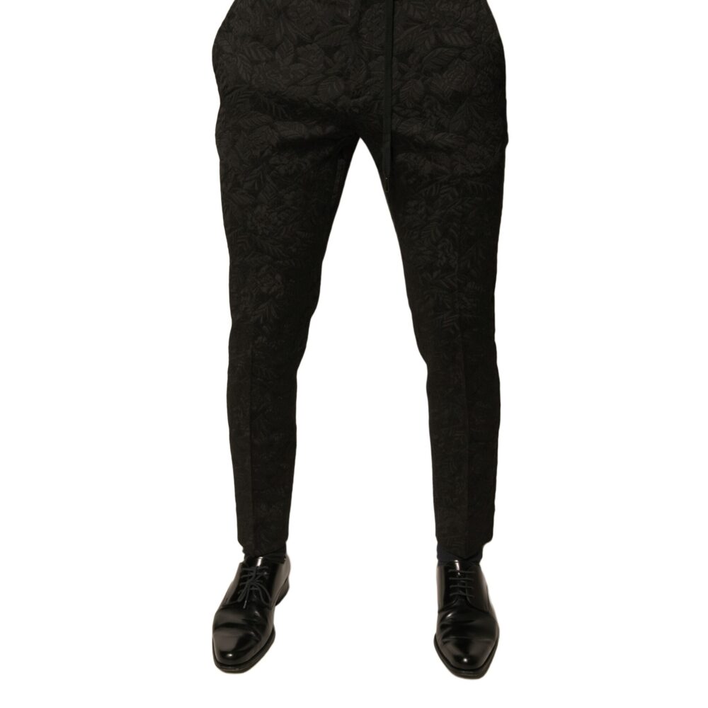 Black Brocade Polyester Skinny Men Dress Pants