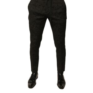 Black Brocade Polyester Skinny Men Dress Pants