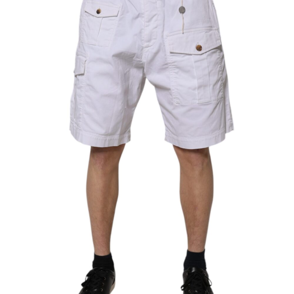 White Cargo Denim Mid Waist Casual Bermuda Shorts