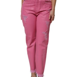 Pink Tattered Mid Waist Tapered Denim Jeans