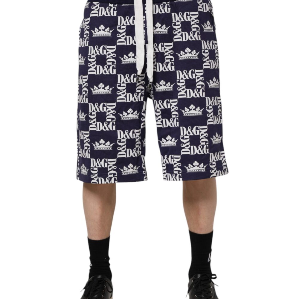 Cotton Blue Crown Logo Print Bermuda Shorts