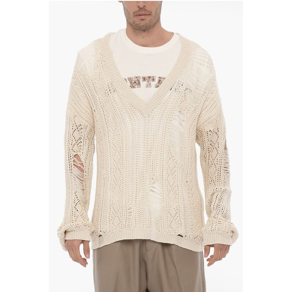 Distressed Effect Perforated V-Neck Sweater