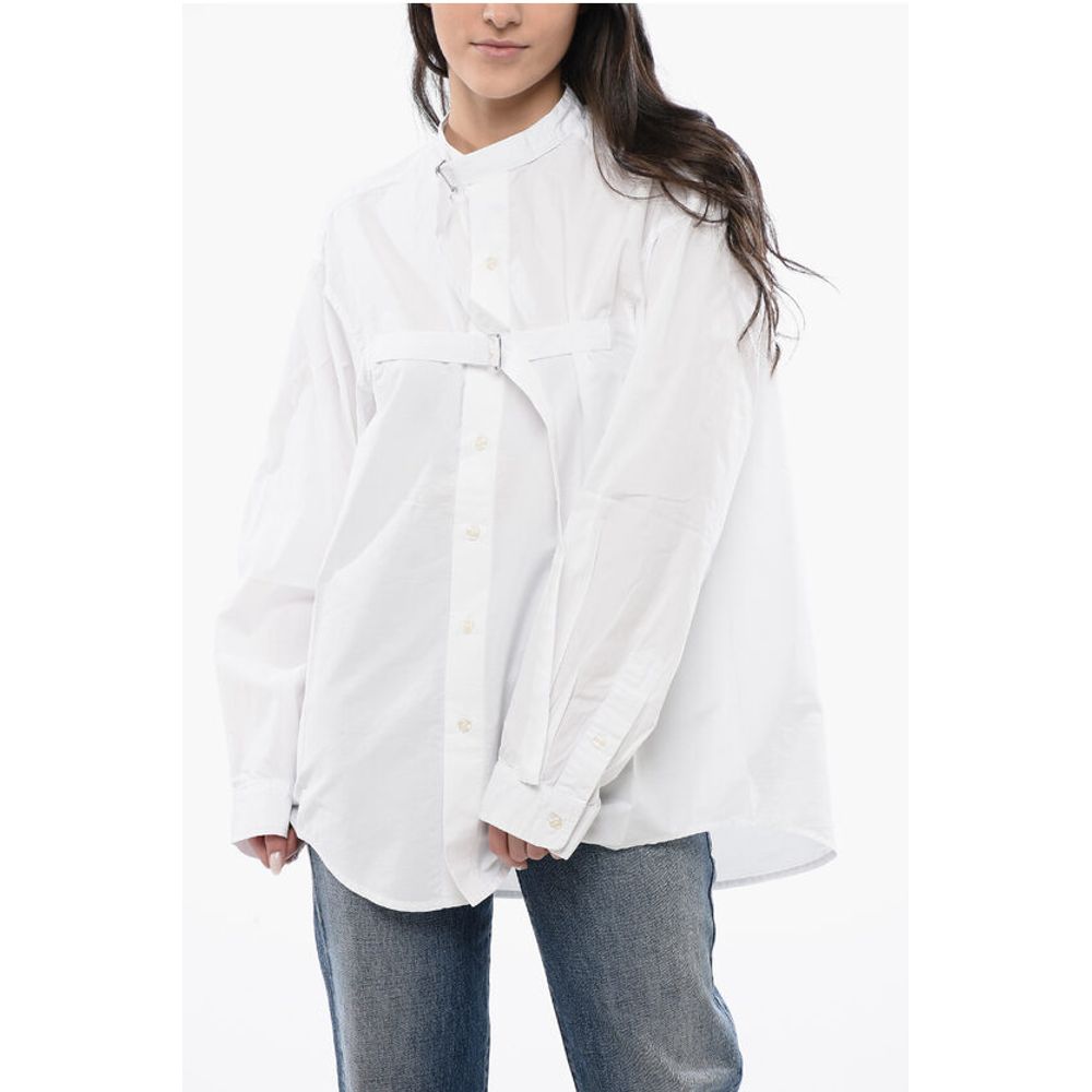 Solid Color Mandarin Collar Shirt with Belt Details
